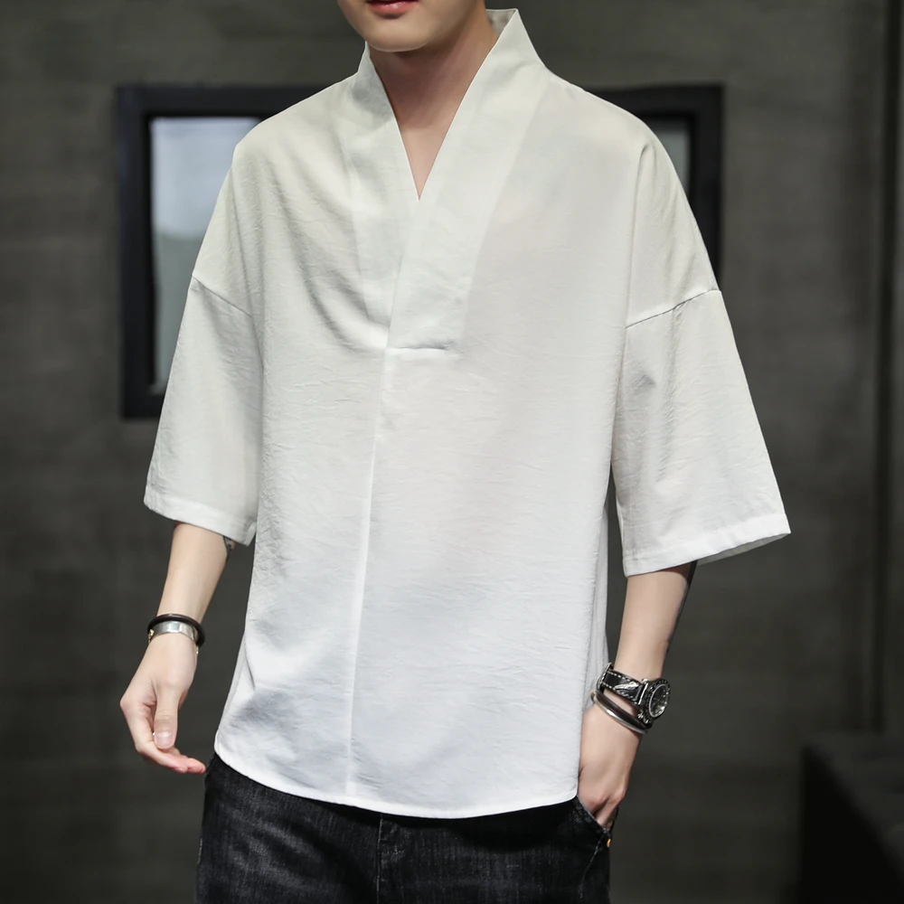 

Summer Men's Tang Suit ort Sve T-irt Loose Cotton Linen Sle V-Ne Chinese Eth Faion Polyester Fiber Jaet