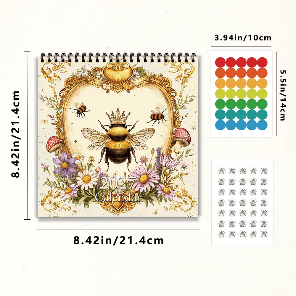 1pc 2027 Vintage Fairy Tale Bee Wall Calendar,12‑Month Planner,Gift for Back‑to‑School,Christmas,New Year,Free Stickers Included