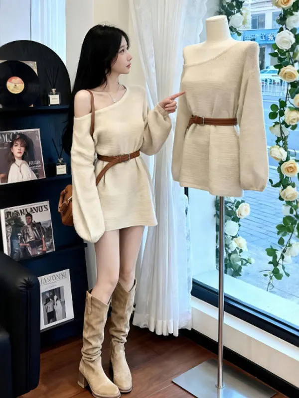 

Корейский свитер в стиле Lazy Chic с открытыми плечами и завышенной талией, модный облегающий топ для невысоких женщин, весенняя коллекция