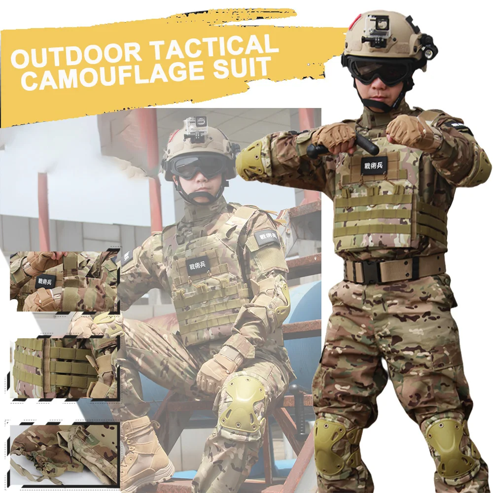 

Tactical Camouflage Suit With Hat Knee pads Gloves Belt Camo Trooper Outfit for adults Accessory Set outdoor sports equipment