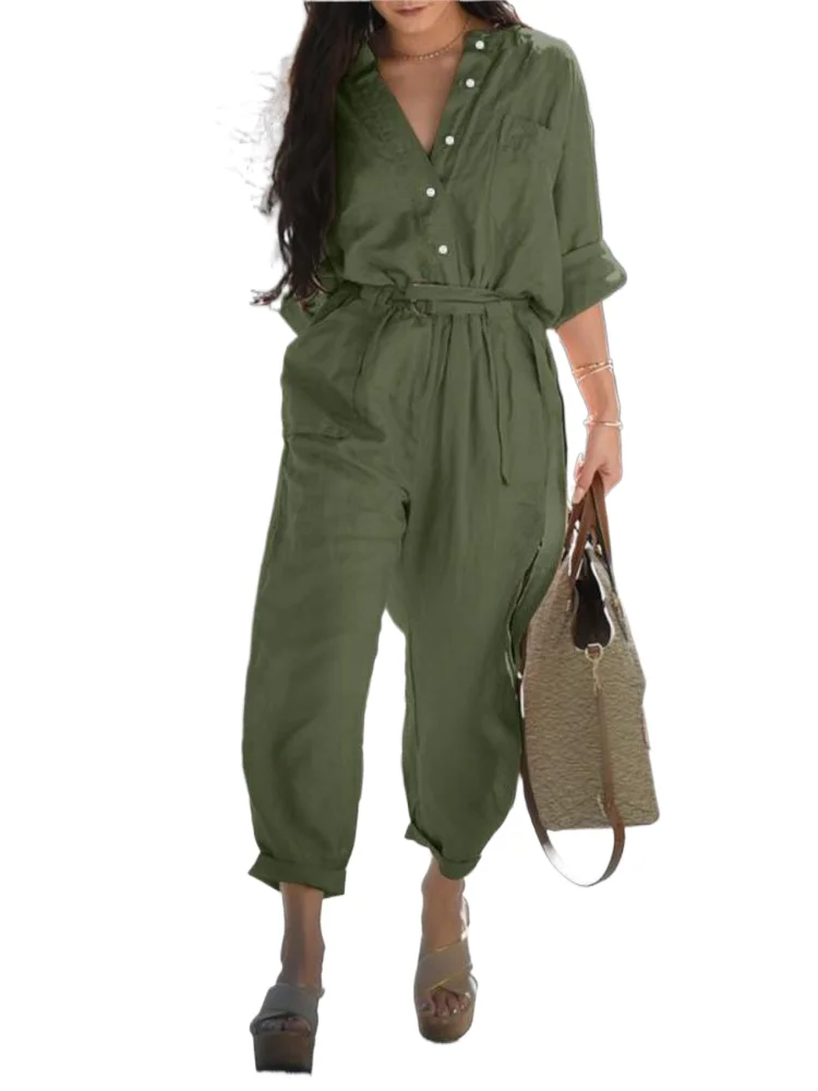 

Spring Autumn New Cotton And Linen Jumpsuit Women Solid Color Long Sleeves High Waist Leace-up Casual Vintage Ladies Jumpsuits