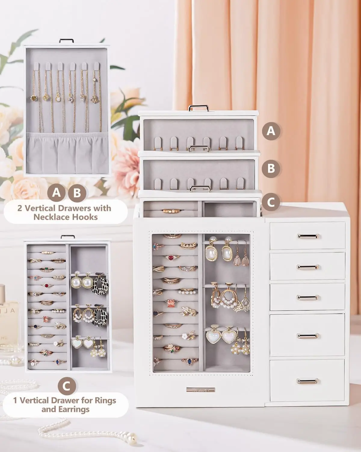 صندوق مجوهرات كبير/منظم/حافظة مع نافذة زجاجية، أدراج للقلائد والأقراط والخواتم والأساور والساعات هدية #3