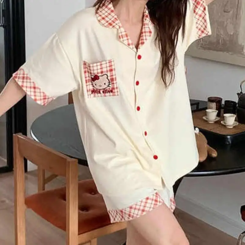 2Pcs Miniso Kawaii Pyjamas Sets Hallo Kitty Eis Seidige Set Mädchen Sommer Kurzarm Nette Spitze Hause Kleidung Außerhalb Tragen geschenk