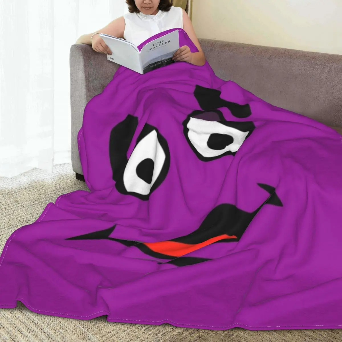 Purple Grimace Cartoon Blanket Funny Face Airplane Travel Flannel Throw Blanket Soft Warm Couch Bed Design Bedspread Gift