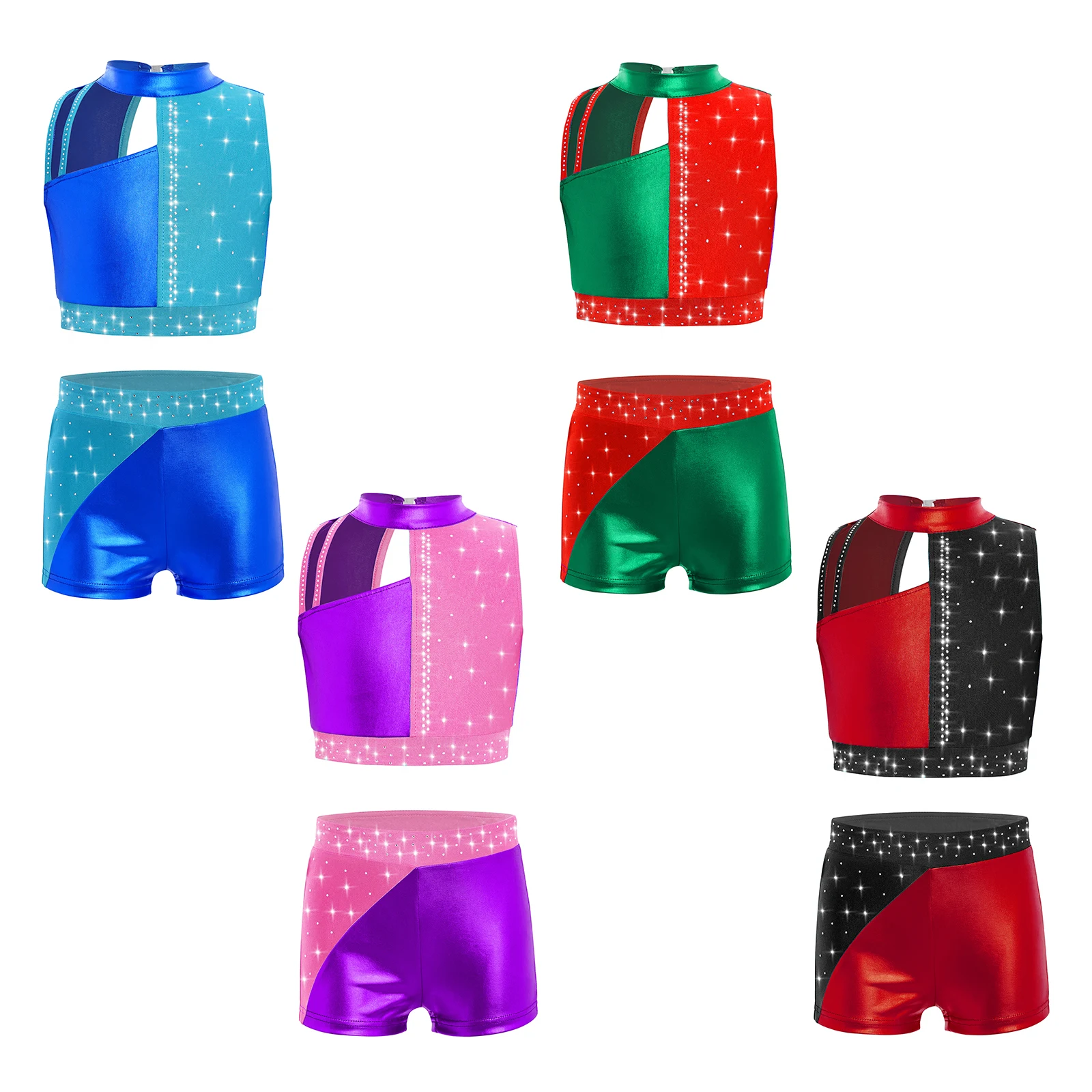 여자 체조 의상 라인스톤 크롭 탑과 반바지 세트 대회 공연 크리스마스를 위한 발레 댄스 의상