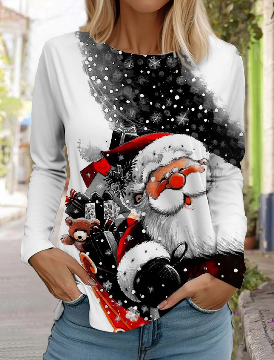 2024 Christmas Women's Long Sleeve Santa Claus 3D Pattern T Shirt  Autumn New Fashion  Women's Top Harajuku  Pullover Clothing