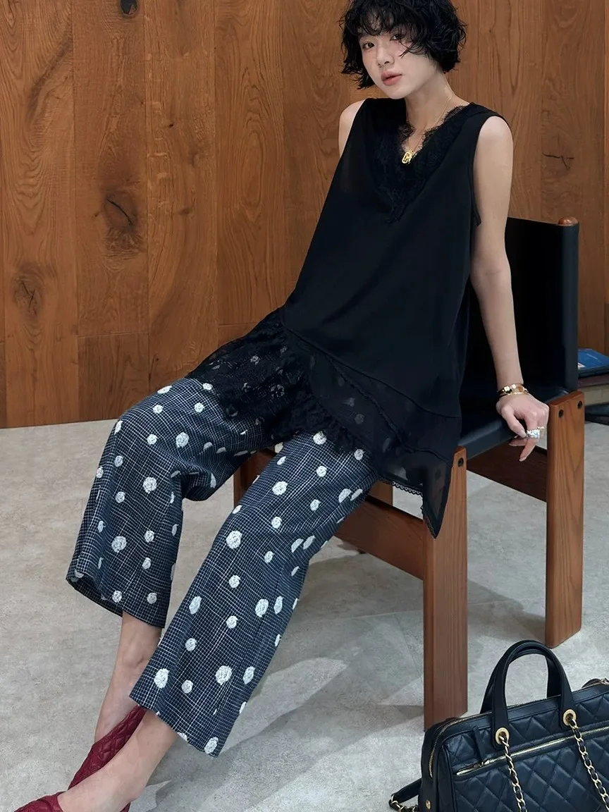 Casual Cotton Linen Wide Leg Pants Women Summer Thin Loose Slimming Straight Nine Points Pants Fashionable All-Match Embroide...
