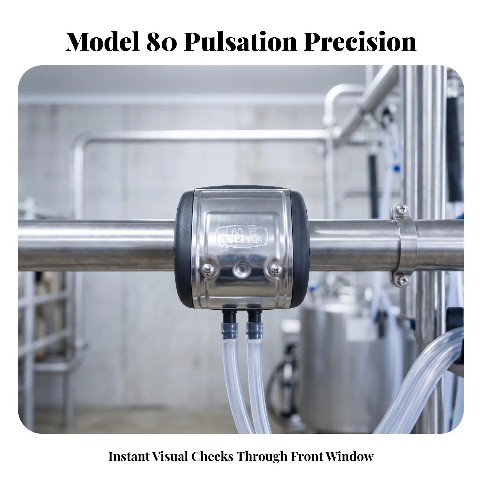 Adjustable Milking Machine Pulsator | Two Downward-Facing Hose Ports, bright silver Front Face, L70 Pulsator