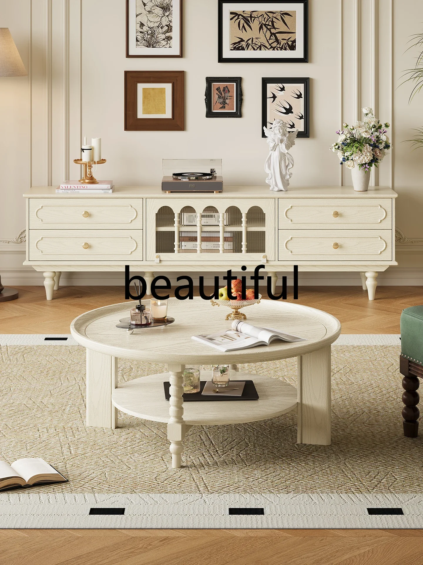 X  TV cabinet household all-solid wood round coffee table living room, storage locker against the wall
