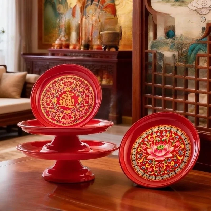 Enamel Alloy Tray Household Chinese Style Enshrine Fruit Plate High Footed Dessert Plate Buddha Hall Offering Plate Pallet