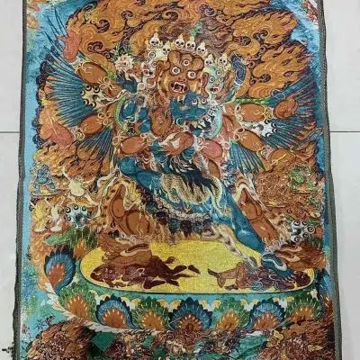 Tibet Tibetan Cloth Silk Three-headed and six-armed Dorje Phurba vajra buddha Thangka Tangka Embroidery Painting