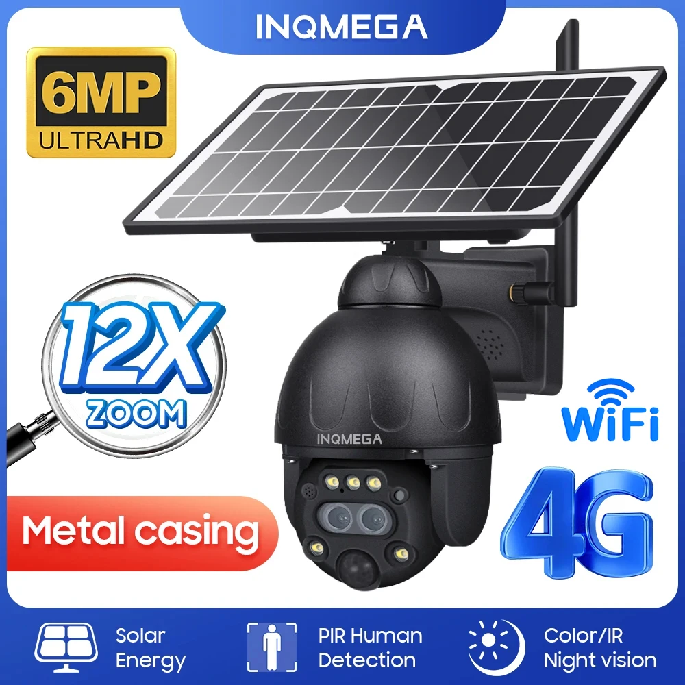 

INQMEGA 12x Zoom 4G SIM Solar Security Camera Wifi 6MP Dual Lens PIR Human Detection CCTV Outdoor IP Security Camera for Farm