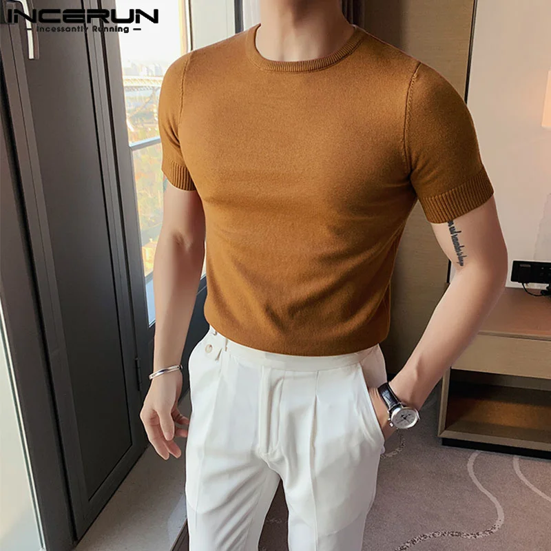 INCERUN 2023 Men\'s T Shirt Round Neck Short Sleeve Streetwear Korean Basic Tee Tops Solid Color Summer Casual Men Clothing S-5XL