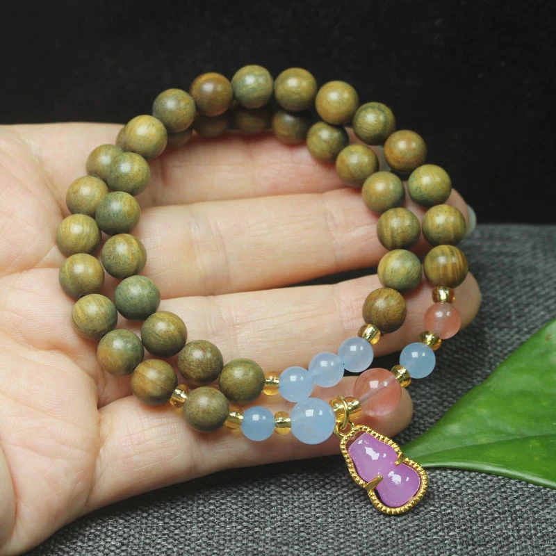 8mm double-loop bracelet with green sandalwood and gourd pendant, women's decorative prayer beads and Buddhist beads jewelry