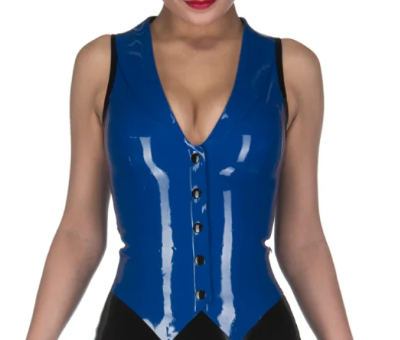 

100% latex Rubber Gummi Blue sleeveless shirt, black button-down Trim, cozy, party, minimalist, role-playing xs-xxl 0.4 mm