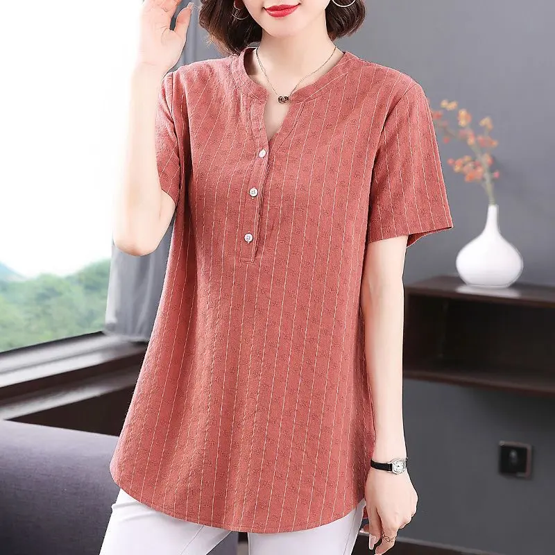 Woman Elegant Blouses Summer Short Sleeve T-Shirt Cotton V-Neck Pullover Button Solid Loose Fashion Casual Striped Tops