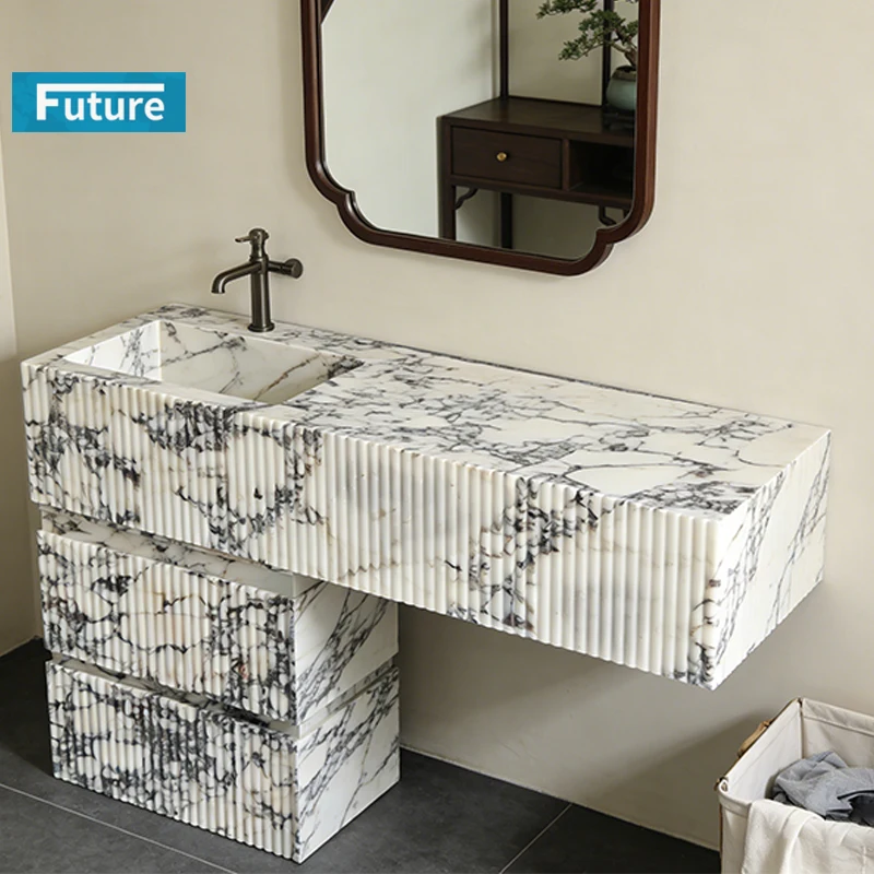 Luxury 100% Natrual Stone Calacatta Viola Marble Bathroom Vanity with Sink and Cabinet for Villa Apartment Bathroom Furniture