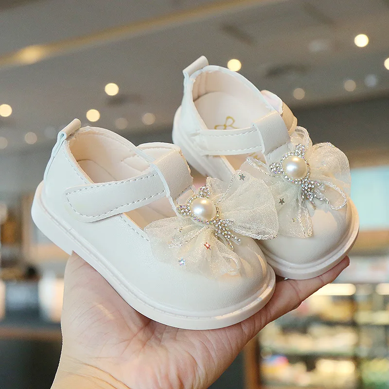 Girls Leather Shoes for Banquet Party 2023 Spring Kids Mary Jane Sweet Pearl Lace Bow Princess Baby Shoes Chaussure Enfant Fille