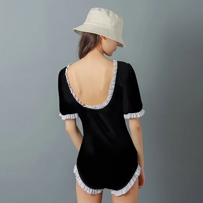 

Conservative Sle One-Piece Swimsuit Women's Thermal Spa Holiday Suit Fixed Breast Pad ort Sve Casual Swimwear