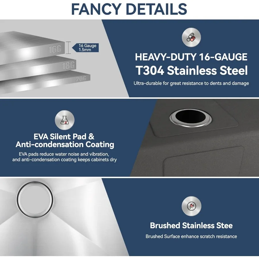 حوض مطبخ 32 بوصة وعاء فردي مقاس 16 مقياس 304 أحواض من الفولاذ المقاوم للصدأ مع حافة وملحقات لمحطة العمل #5