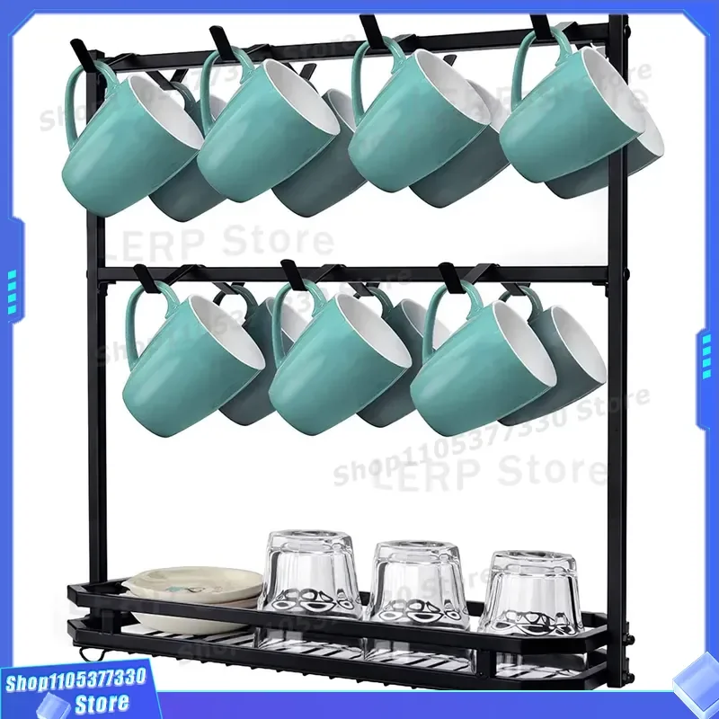 Wall Mounted Stainless Steel Storage Cabinet 2 Layer Polished Shelf for Large Coffee Cups Kitchen Pot Display Rack Organizer