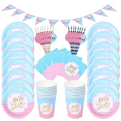 Gender Reveal Disposable Tableware Set Birthday Party Decorations Boy or Girl Baby Shower Paper Plates Cups Latex Balloons