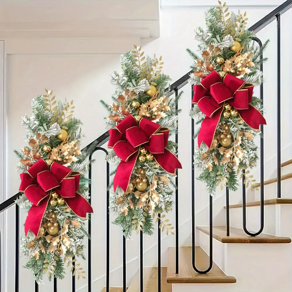 Decorazione natalizia Swag festosa per scale natalizie con motivo a renna con fiocco rosa Rami satinati di neve per scala