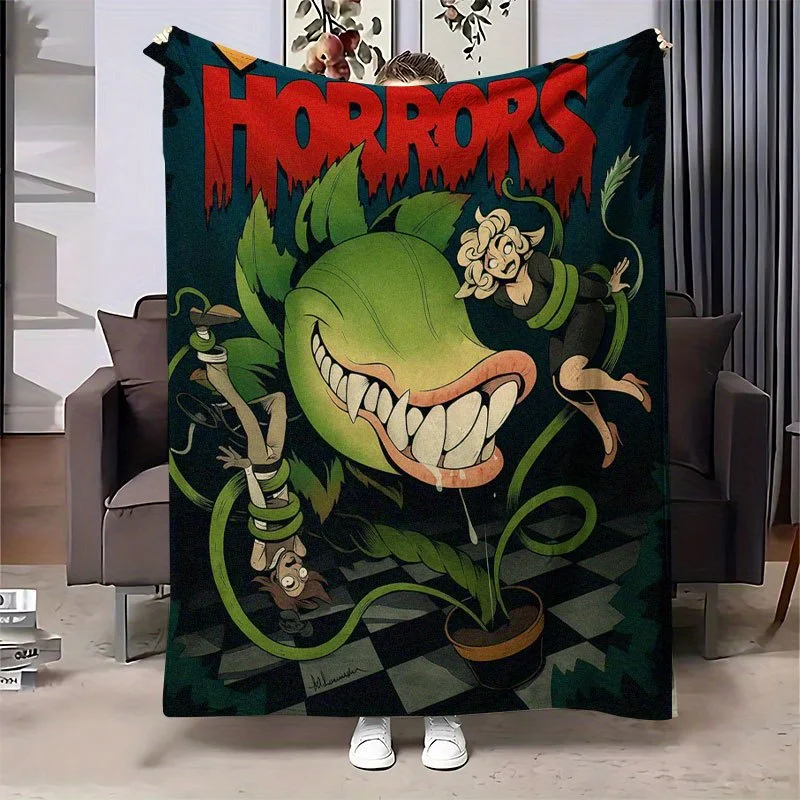 Horror Carnivorous Plant Trapped Figure Dark Teal Print Blanket, Light Flannel Throw Couch Room, Halloween Spooky Daily Blanket
