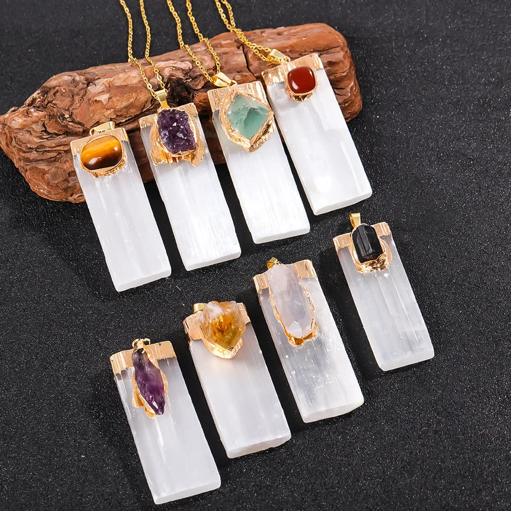 Natural Raw Selenite Pendant Amethyst Citrine Inlaid Flat Rectangle Shape Healing Crystals Amulet Charm with Golden Cap Necklace