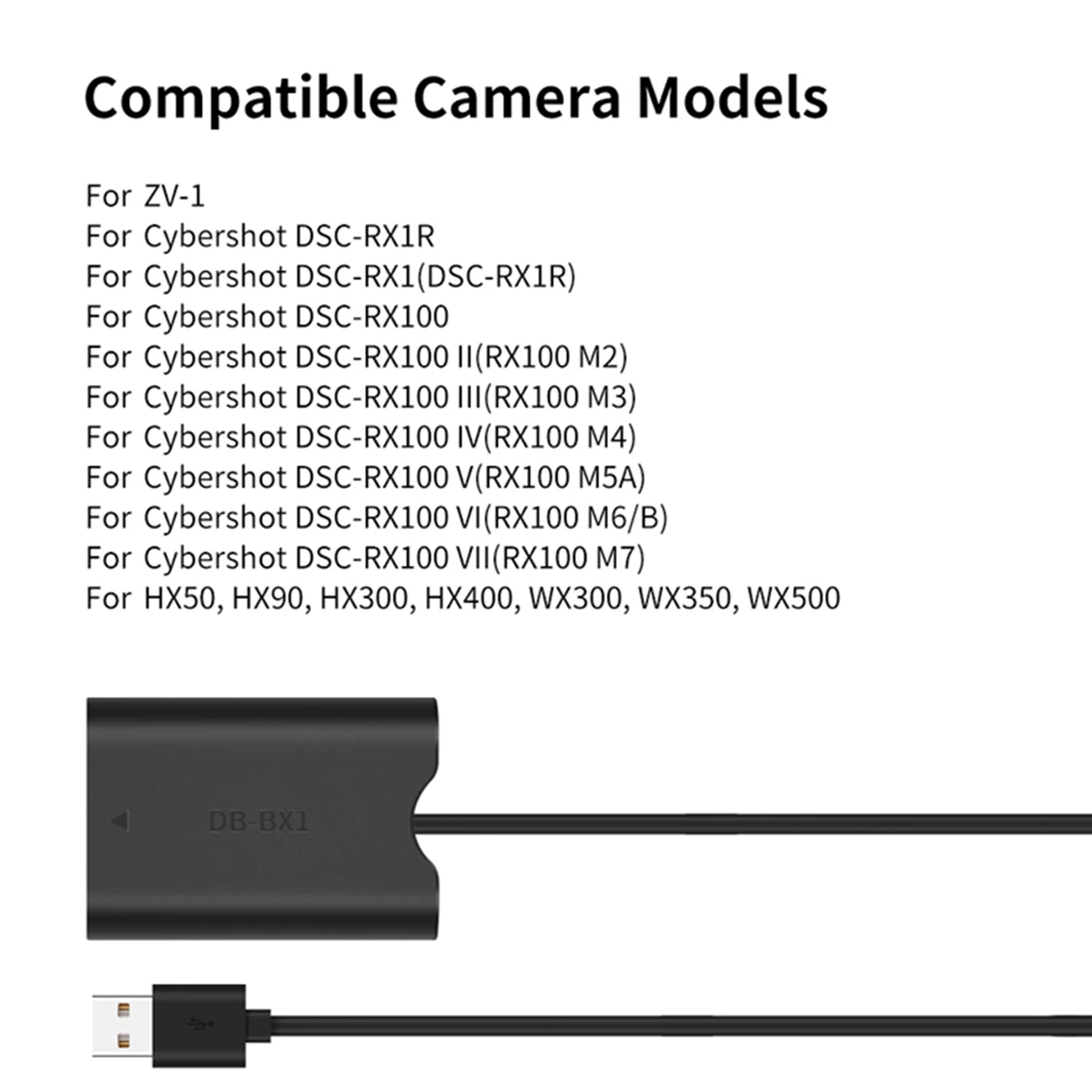 NP-BX1 Dummy Battery with USB-A Power Adapter DC Coupler for Sony ZV-1 RX100 M7 M6 M5 RX1R HX50 HX90 HX300 HX400 Camera