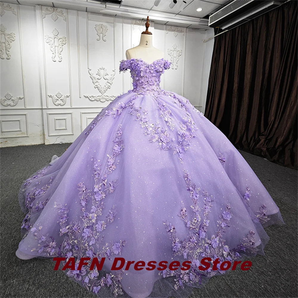 TAFN-vestido de quinceañera con hombros descubiertos, traje de baile con apliques florales, cola de la capilla, de lujo, color violeta, 15 años