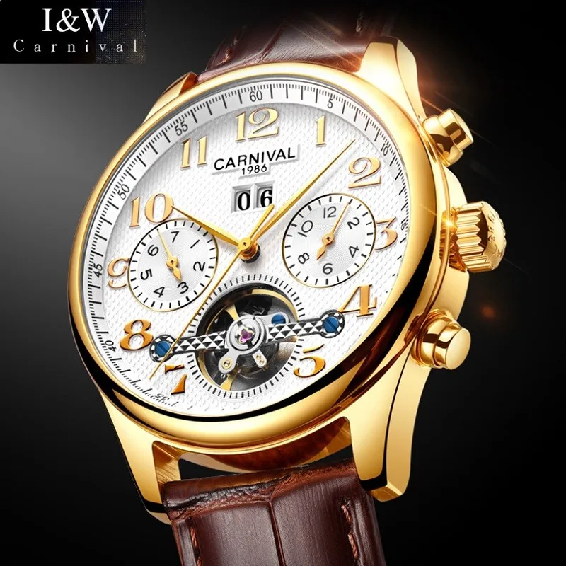 

Carnival For Men's Watch Skeleton Automatic Mechanical Tourbillon Wristwatch Date Week Displaywaterproof Male Steel Montre Homme