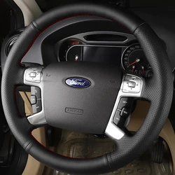 Black Hand-stitched Genuine Leather Car Steering Wheel Cover For Ford Mondeo Galaxy S-Max 2006 - 2015