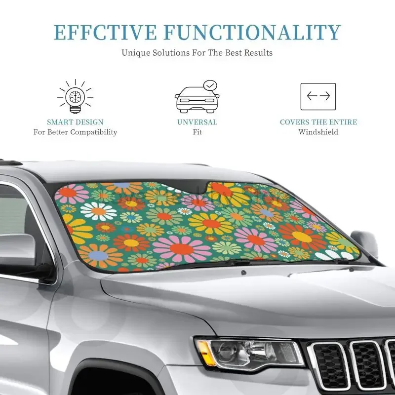 

Abstract Groovy Hippie Flowers Windshield Sun Shade Foldable Car Front Window Sunshades Floral Sun Visor Protector