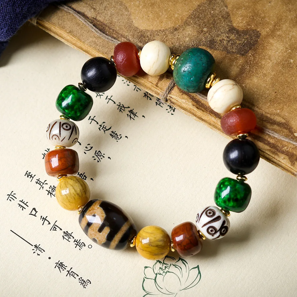 

Браслет из бусин Дзи Гуйрен, оригинальный дизайн, с черным агатом и костью из козьего рога, в этническом стиле, подарок