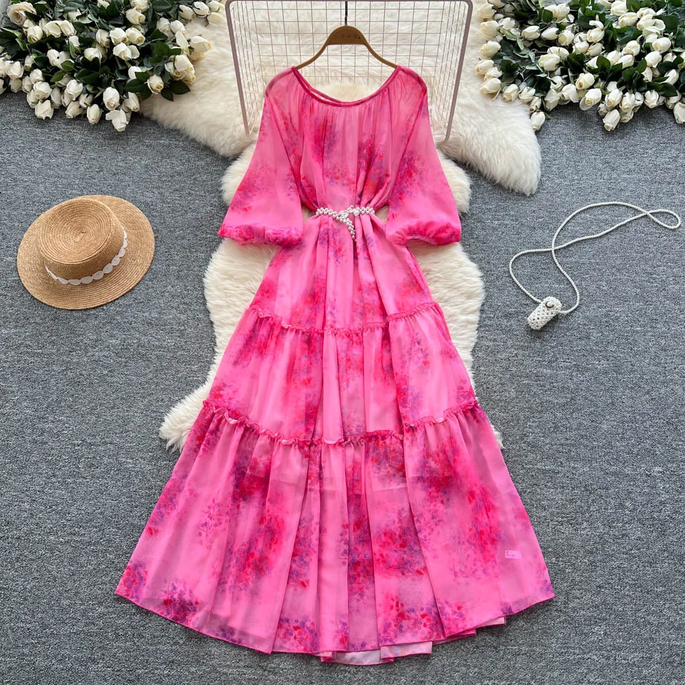 롱 드레스 여성 드레스 플라워 프린트 A라인 베스티도 스트리트웨어 웨딩 긴팔 우아한 스플라이스 Y2K 하이웨이스트 워크 2025