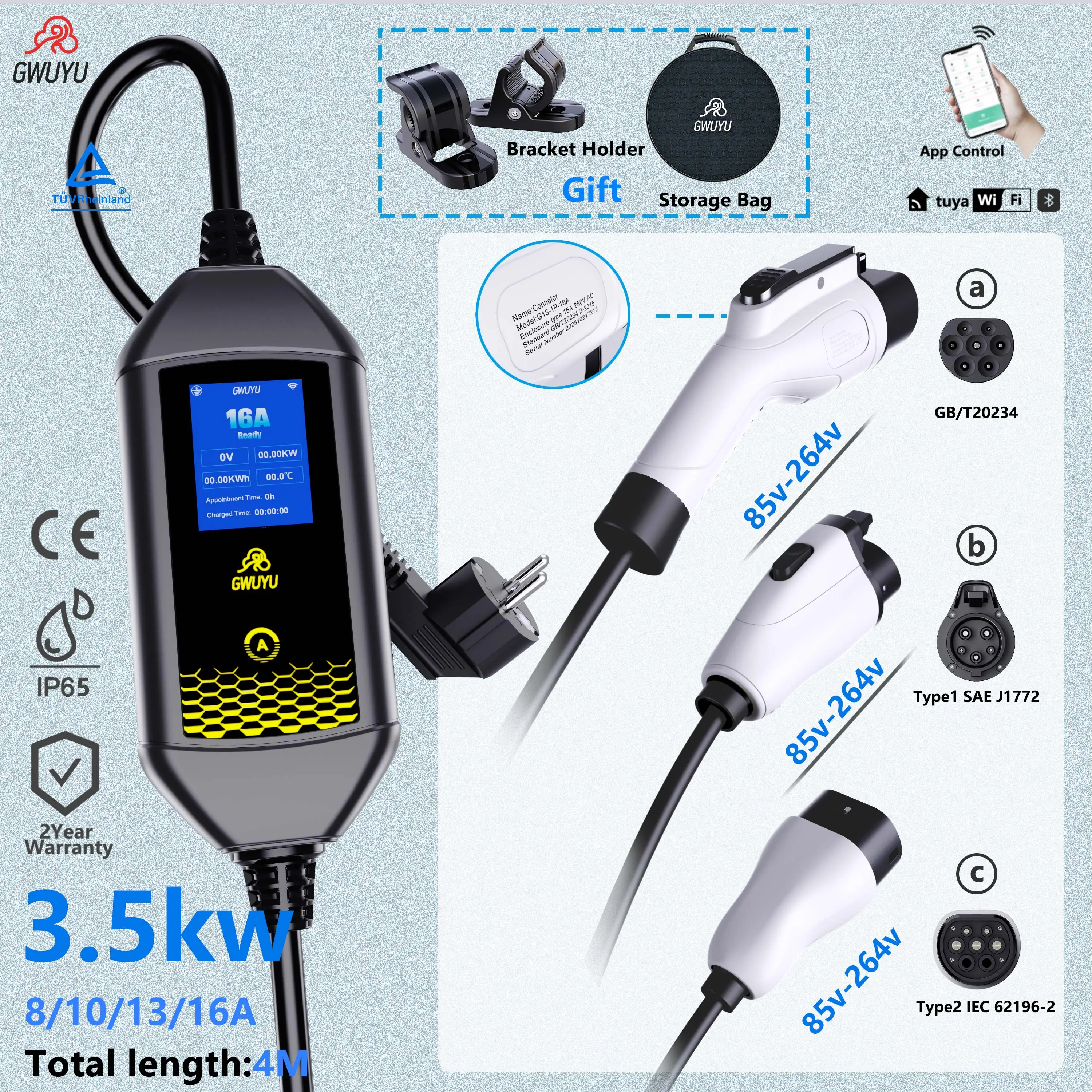 

GWUYU 3.5KW Portable Electric Vehicle Charger - Type 2 & Type 1 GB/T EVSE Charging Cable with APP Wi-Fi Free Gift: Bag and Stand