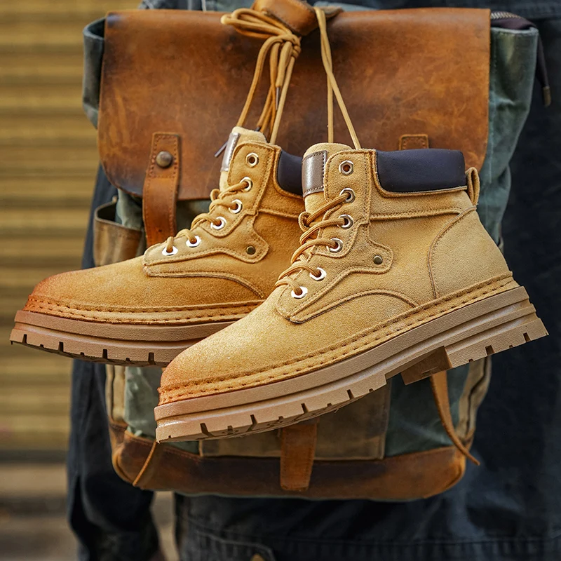 Men Vintage Split Suede Fleece-lined Boots Brown High-Top Work Boots Lace-Up Desert Ankle Rugged Sole Boots Outdoor Shoes
