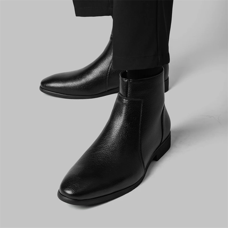 Business Casual Men's Soft Leather Ankle Boots Side Zip Slim Fit Short Boots Office Dress Boots Big Size European Style