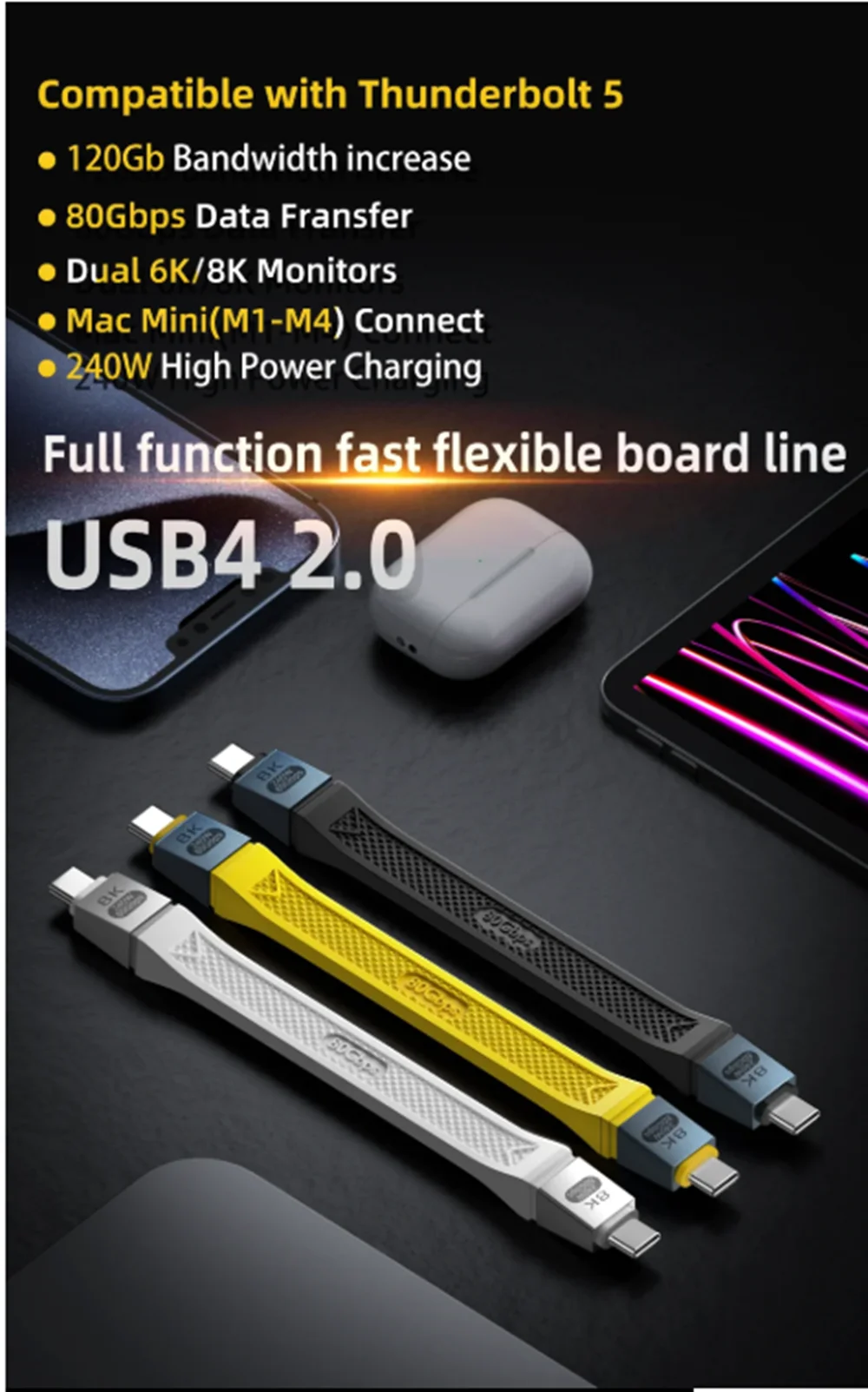 120/80Gbps USB 4 V2.0 Flexible FPC Soft Board Cable 8K/60Hz 240w PD Charge Thunderbolt 5 for 16 Pro Max HDD eGPU Power bank Wire