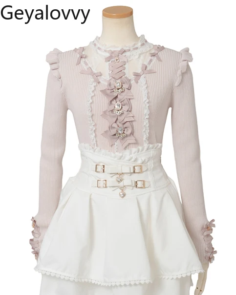 Lolita Japanese Style Versatile Long Sleeve Pullover Sweater Mass-Produced New Sweet Cute Lolita Lace Patchwork Knitted Shirt