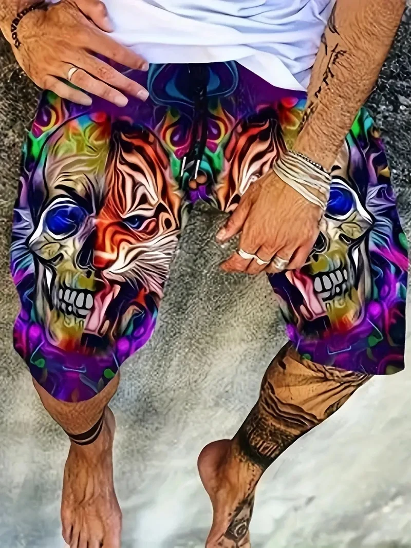 Men's Beach Pants Half Skeleton Tiger 3D Printed Men's Shorts Summer Casual Breathable Shorts Men's Clothing Bermuda Men Shorts