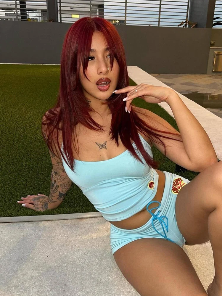 Y2K Sweet Sexy Women's 2-Piece Sleeveless Crop Top Elastic Waist Shorts Summer Beach Vacation Tight Casual Wear