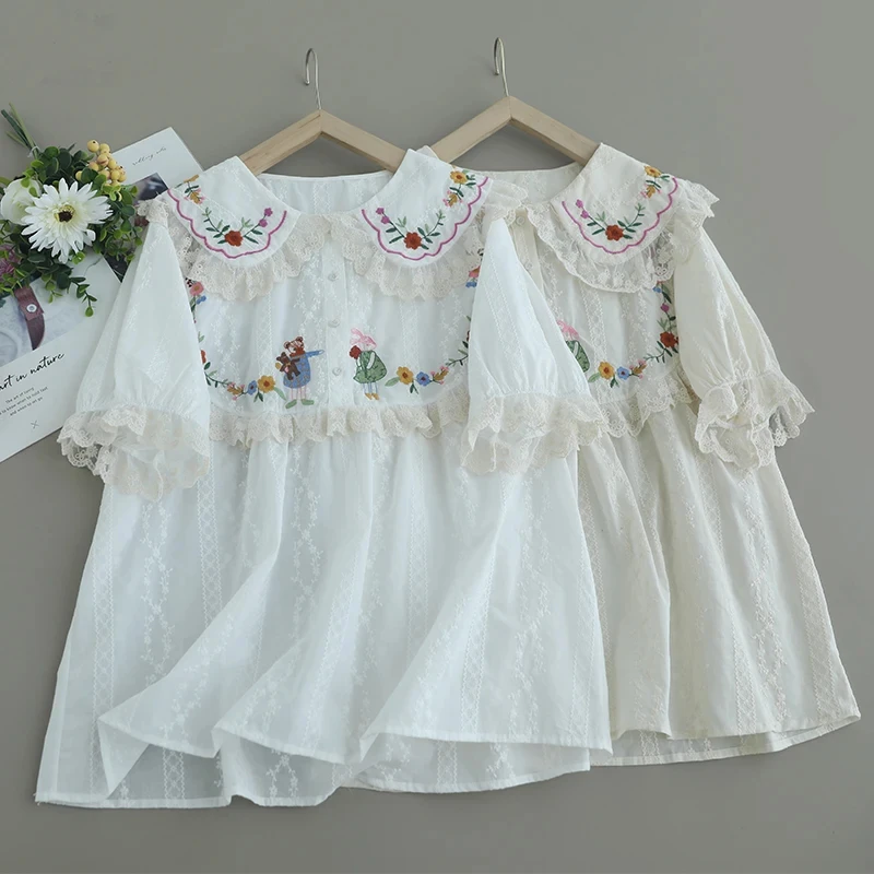 Japanese Style Mori Girl Lace Floral Embroidery Patchwork Blouse Women Kawaii Cute Peter Pan Collar Short Sleeve Shirt Tops