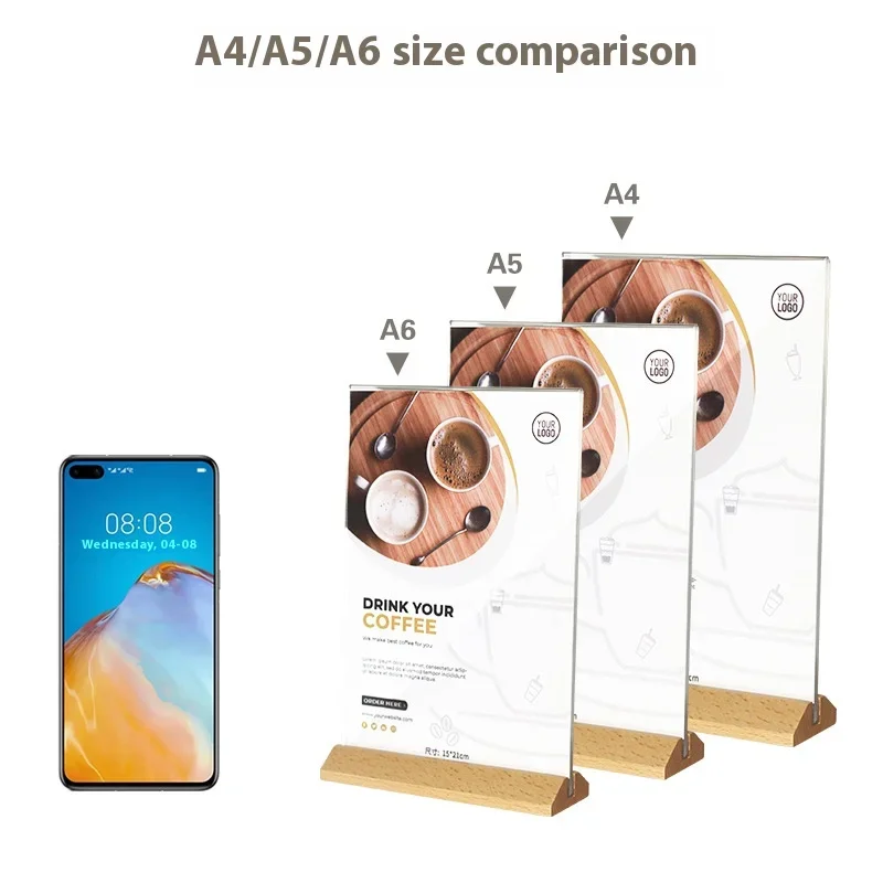 Acrylic Decca Transparent Display A4 Solid Wood Base Vertical Table Advertising Price Table Beech Table Sign Photo Card Holder