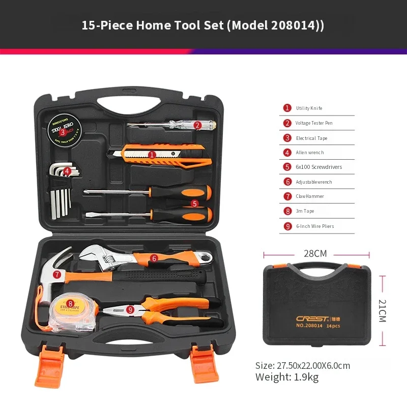 15PCS Home Tool Kit Multi-Function Household Repair Hand Tool Set with Toolbox