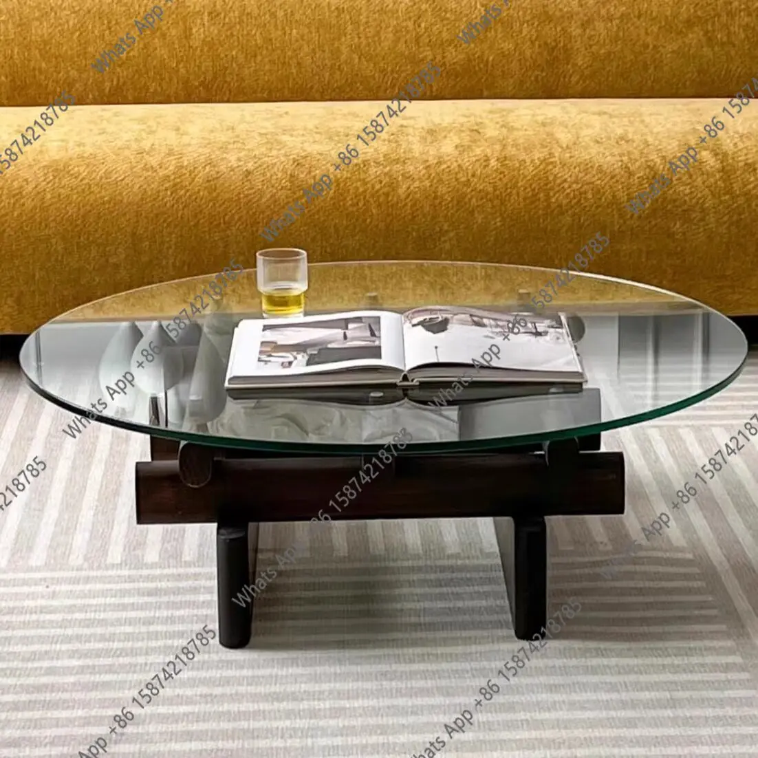 Medieval glass coffee table all solid wood tea table living room combination ash wood coffee table