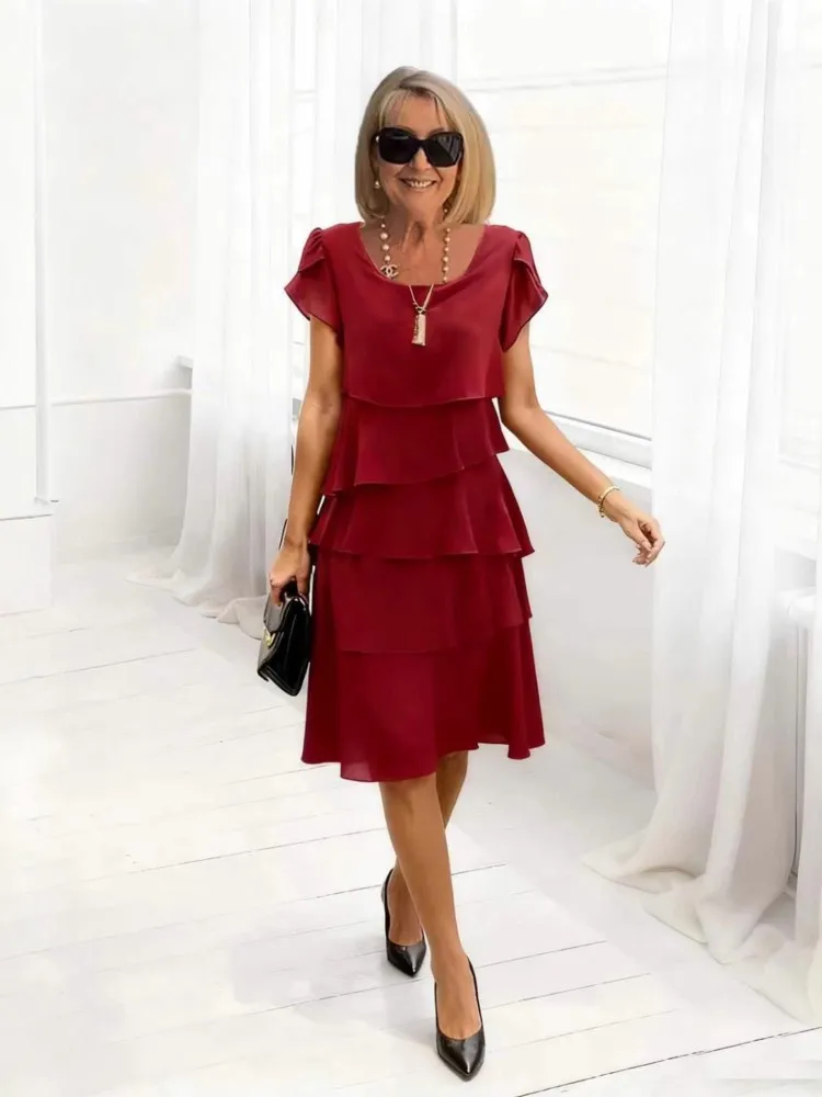 Robe de banlieue élégante pour femmes, couleur unie, col rond, multicouche, à volants, jupe gâteau ample, nouvelle collection été 2026