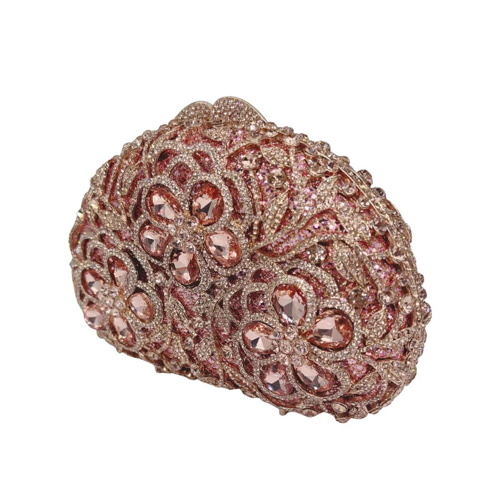 Women's Luxury Oval Floral Rhinestone Clutch Bag Pink Crystal Hollow out Hardcase Diamond Wedding Party Crossbody Handbag - view 6