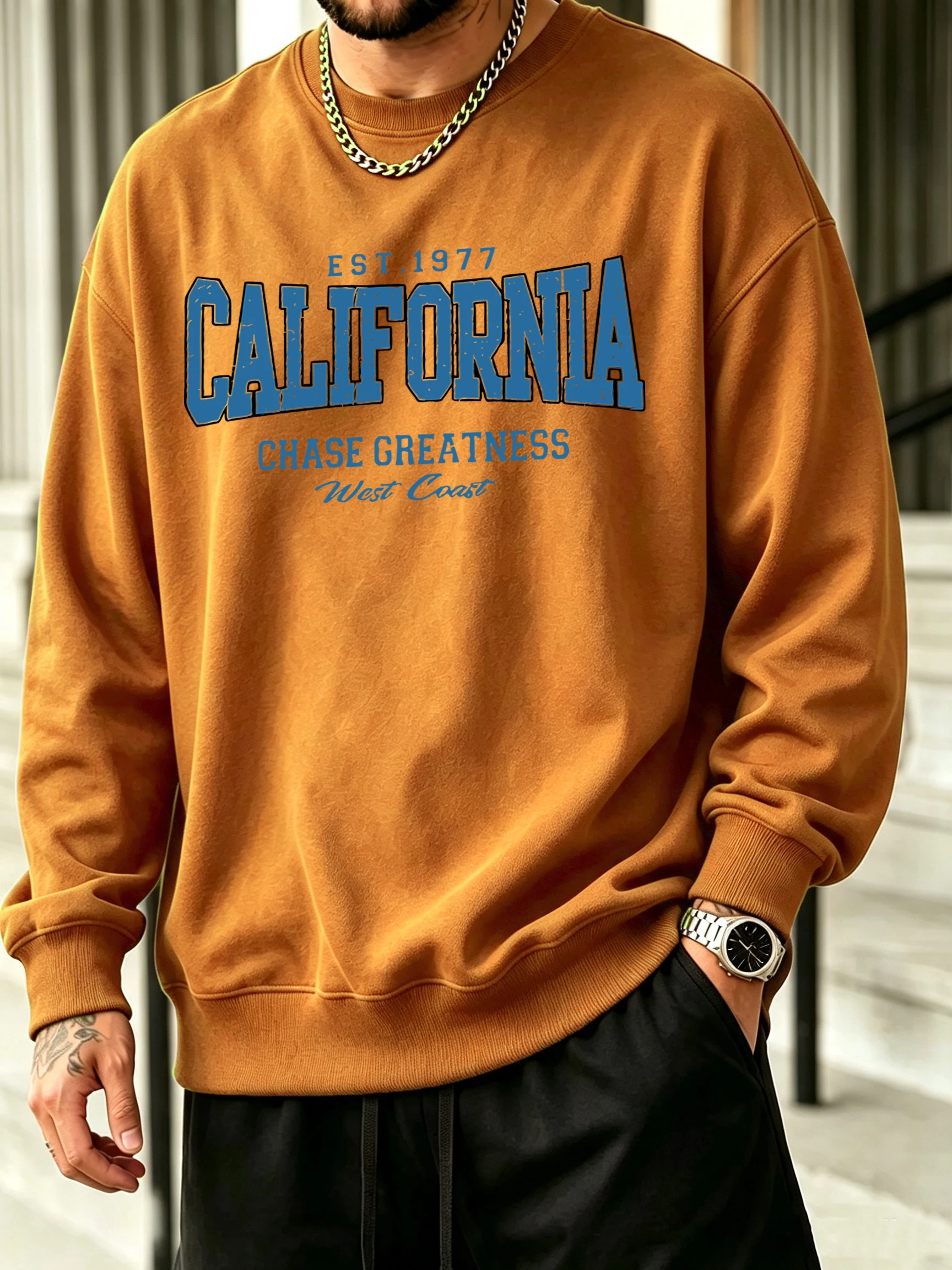 California Chasing Greatness Print All-Match Loose Clothes Male Spring Autumn Simple Streetwear Fleece Street Sweatshirts